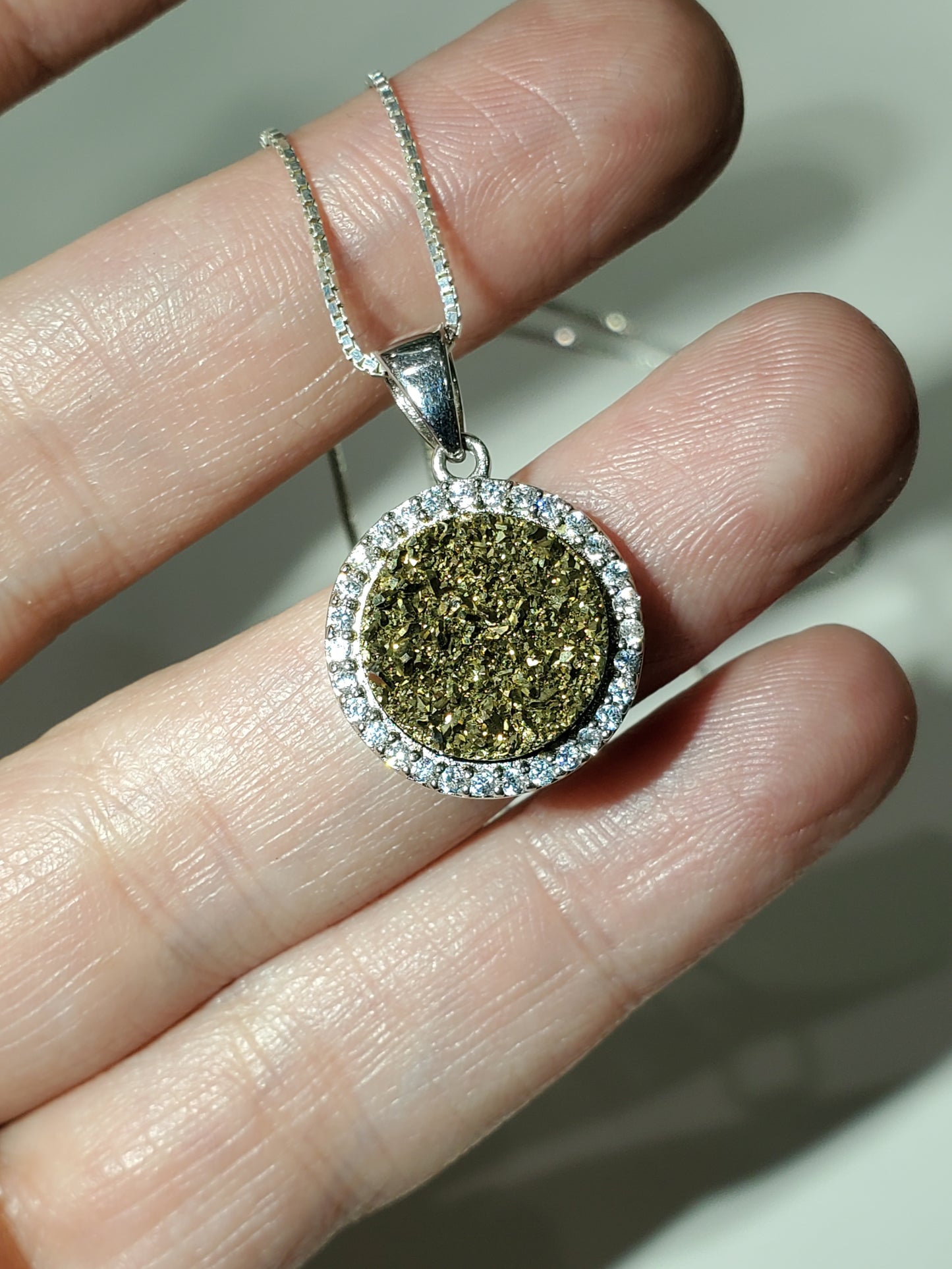 925 Sterling Silver Golden Druzy w/CZ Zirconia Halo Pendant Necklace