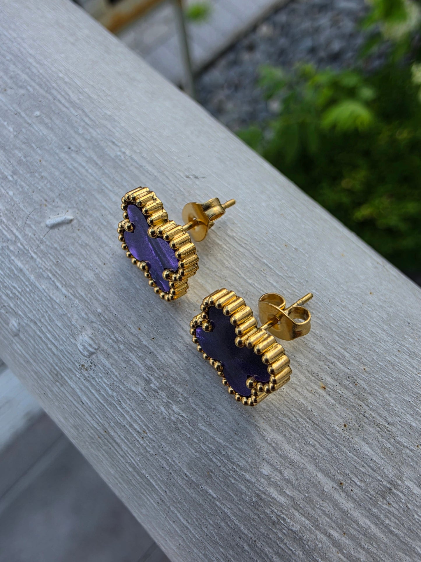 Stainless Steel Gold-plated Clover Station Van Cleef Style Purple Enamel Alhambra Necklace, Bracelet & Earring Gift Set