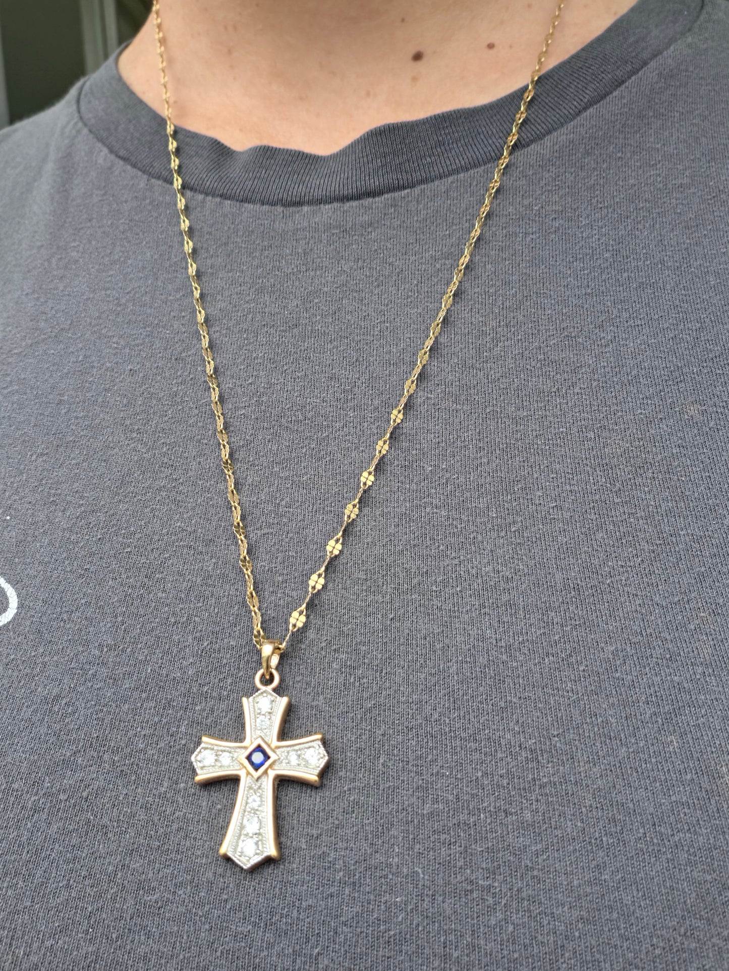 925 Sterling Silver Vermeil Two-Tone Princess Cut Lab Sapphire & Zirconia CZ Cross Necklace