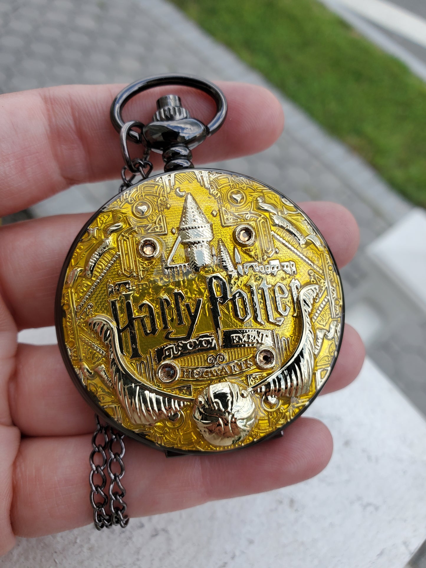 Oxydized Black Stainless Steel Harry Potter Golden Snitch Hogwartz Deathly Hallows Pocketwatch