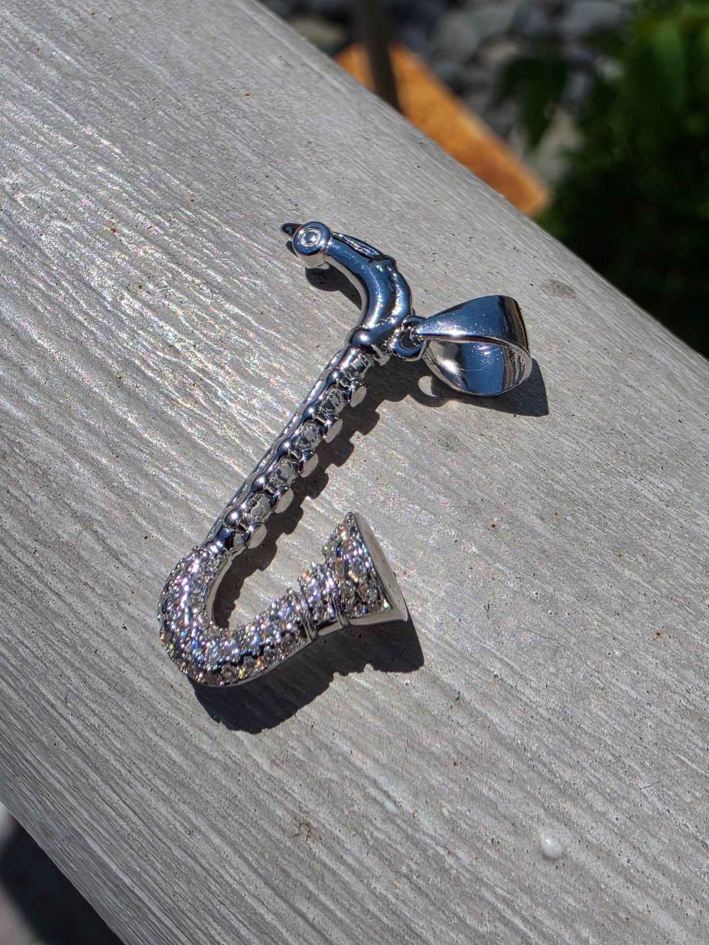 925 Sterling Silver White Spinel Saxophone 3D Pendant Charm