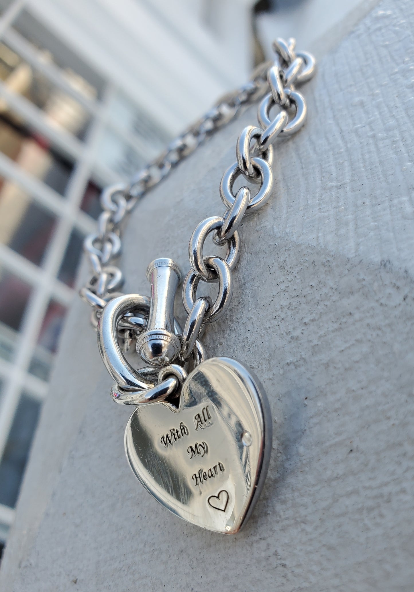 925 Sterling Silver Designer Vera Wang "With all my heart" 💙 Blue Sapphire Heart Toggle Lock Bracelet