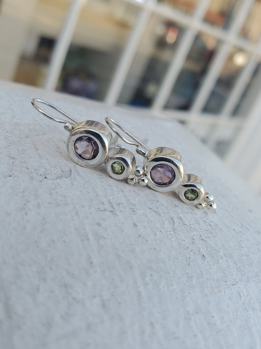 925 Sterling Silver "Bubbling Bravado" Amethyst & Peridot Bezel set Earrings