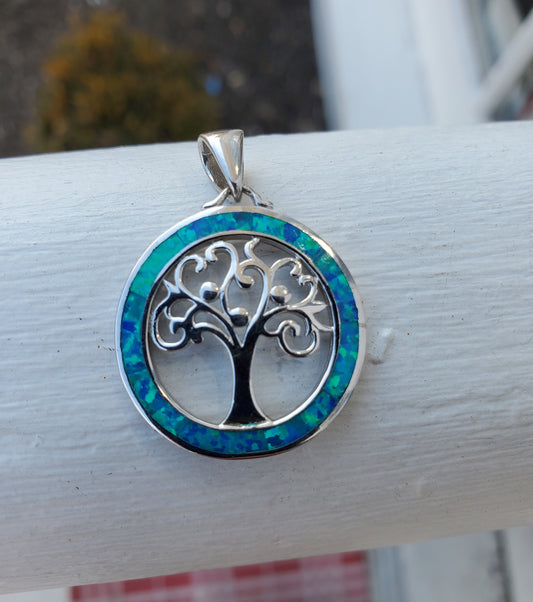 925 Sterling Silver Blue Opal Family Tree of Life Pendant Charm