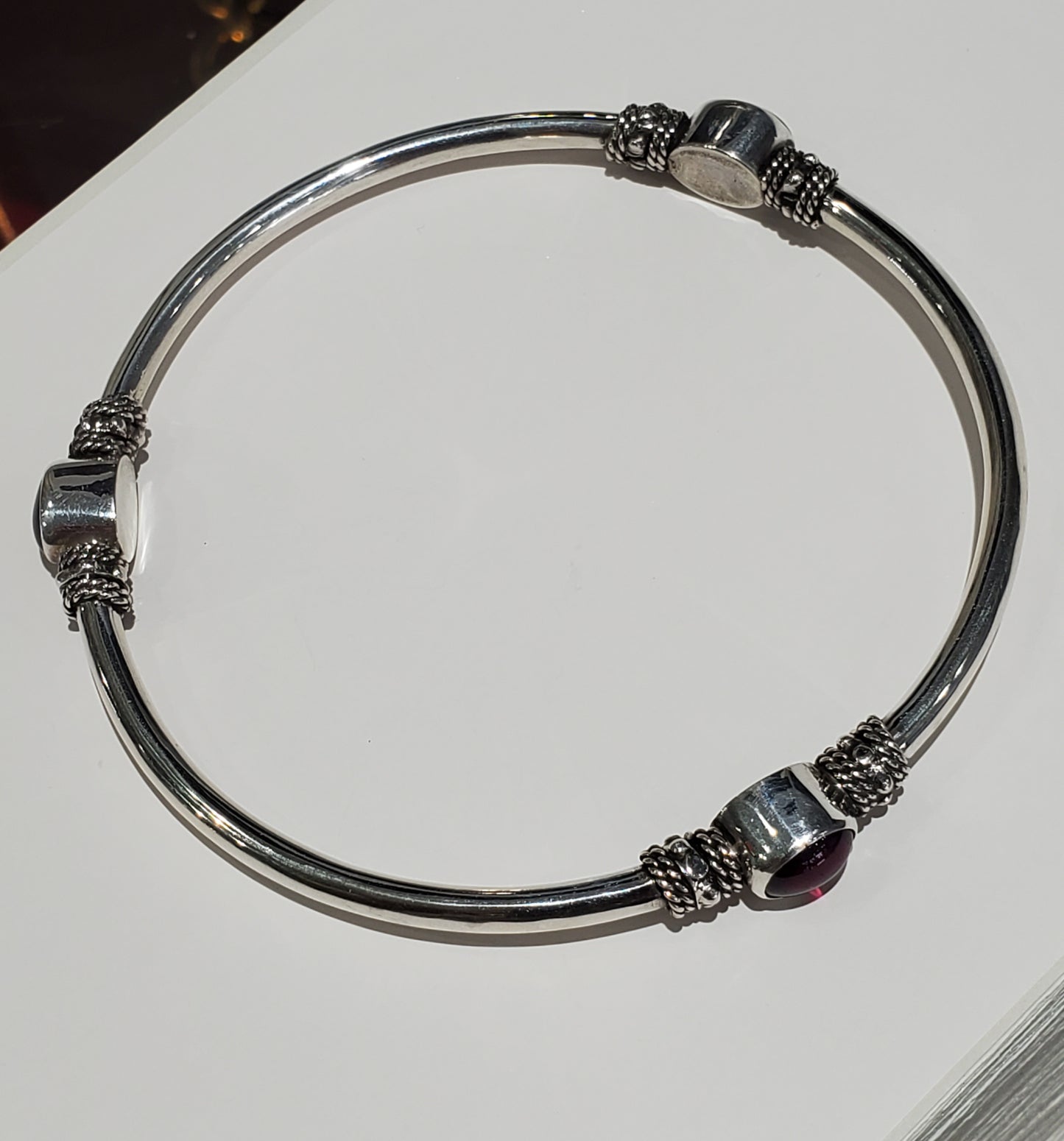 925 Sterling Silver Natural Rhodolite Garnet Cabochon Cut Stationed Bangle Bracelet