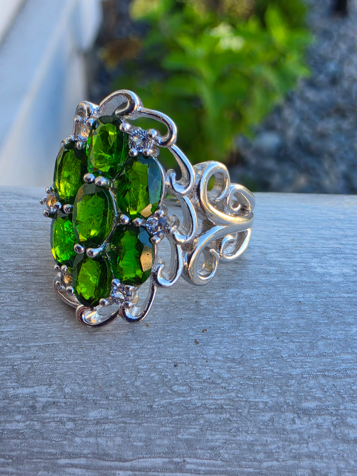 925 Sterling Silver Chrome Diopside  Cluster Ring