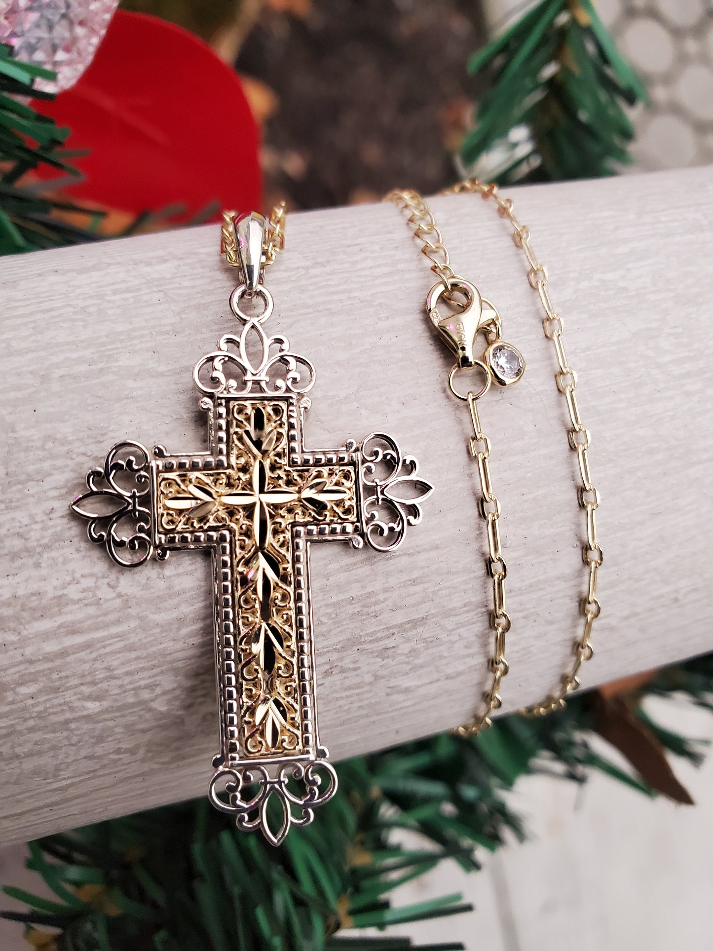 925 & 14k Gold Diamond Cut Filigree Cross Necklace
