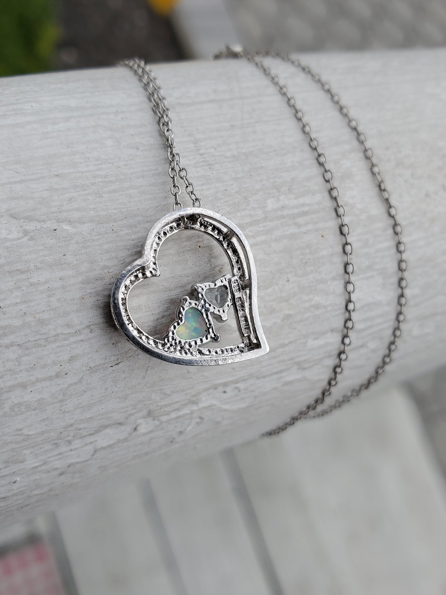 925 Sterling Silver Aquamarine & Opal Open Heart Pendant Necklace