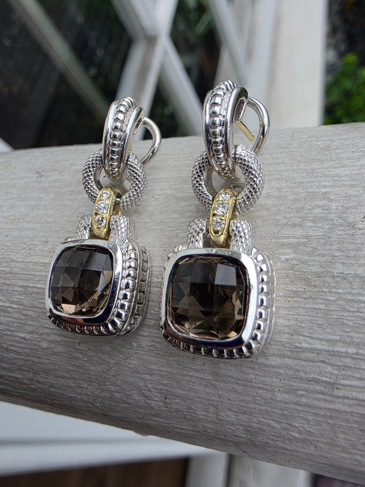 925 Sterling Silver & Solid 18k Gold Smokey Topaz & Diamond Dangling Earrings