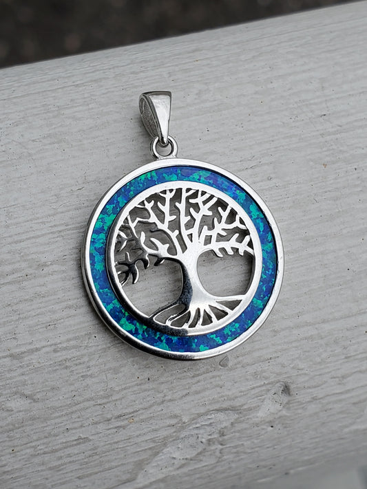 925 Sterling Silver Blue Fire Opal Family Tree Pendant
