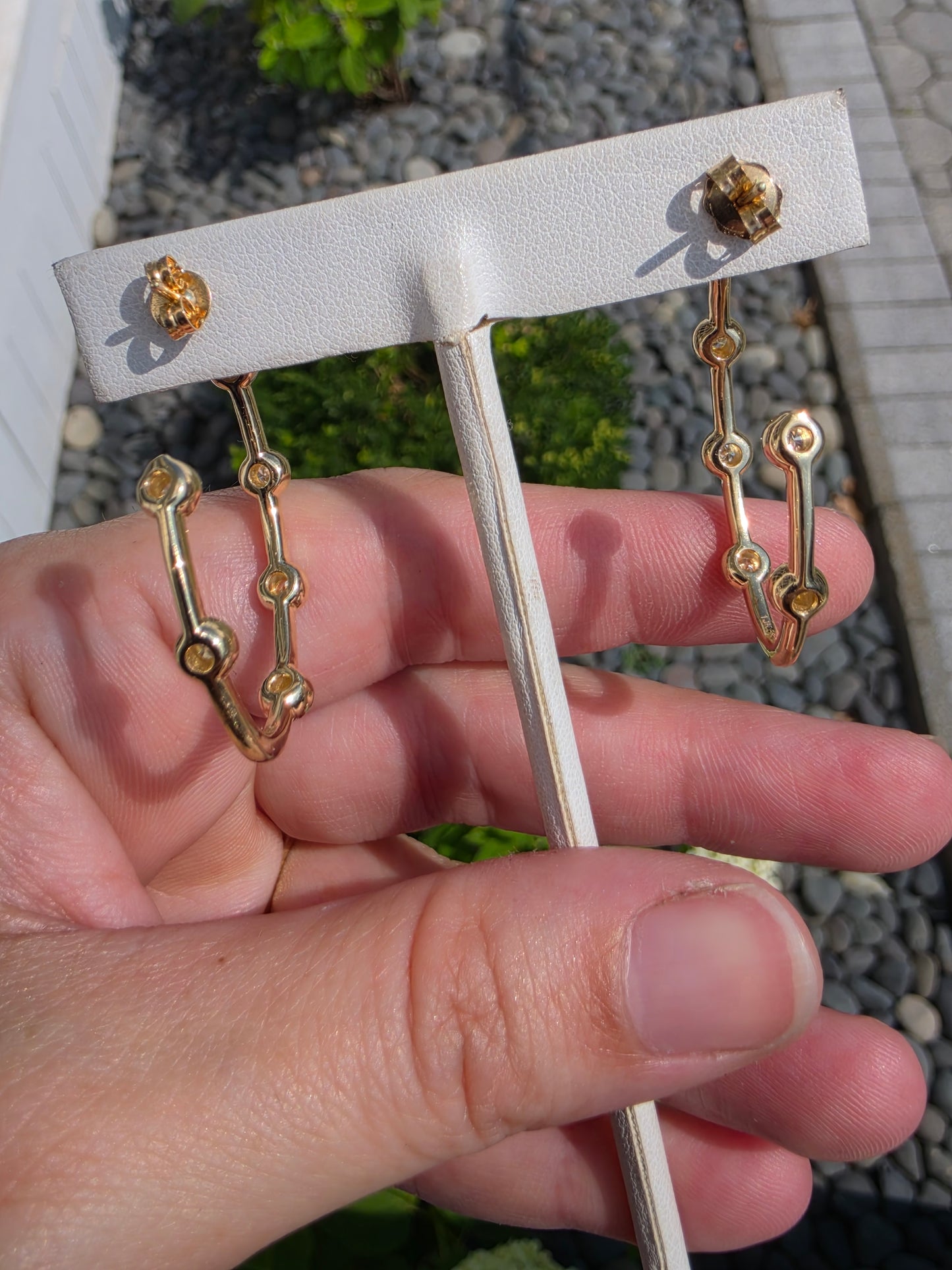 14k Solid Gold 3/4 Pave Oval Oblong Natural Diamond Hoop Earrings