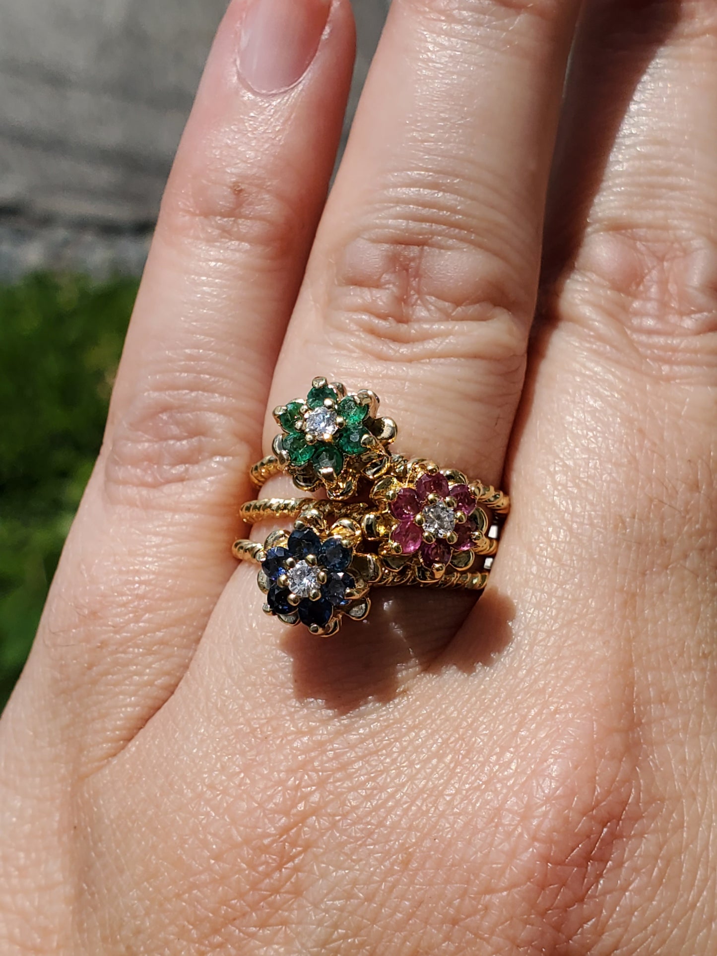 925 Sterling Silver Vermeil Natural Sapphire, Ruby, Emerald, & Diamond Flower Stack Rings