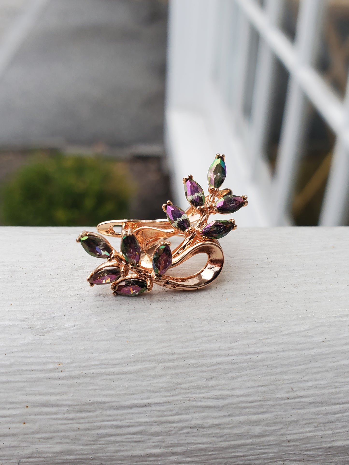 Stainless Steel Gold Plated Simulated Mystic Topaz Leaves Huggie Hoop Earrings