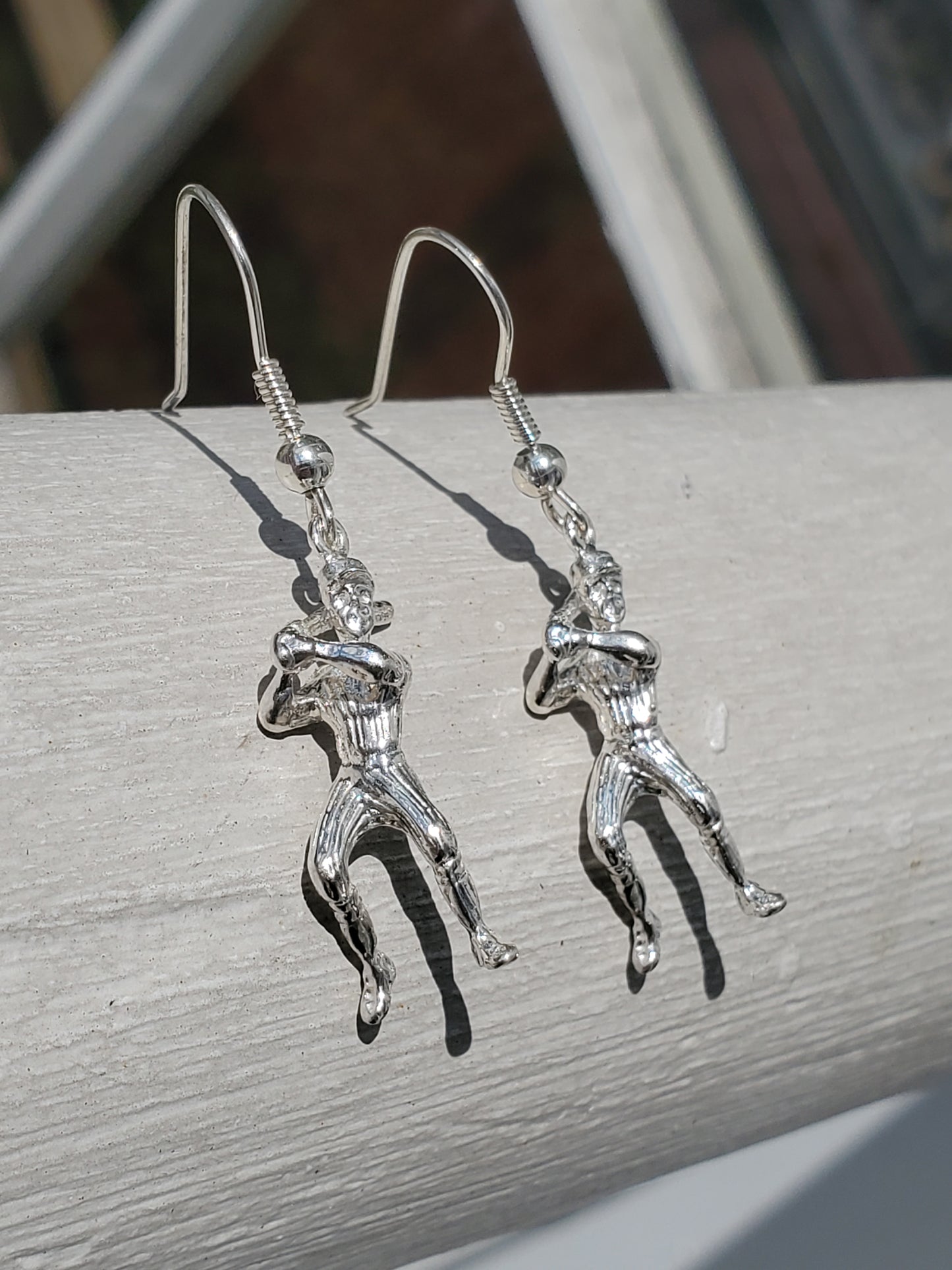 925 Sterling Silver Baseball Softball Player Batter Dangle Earrings