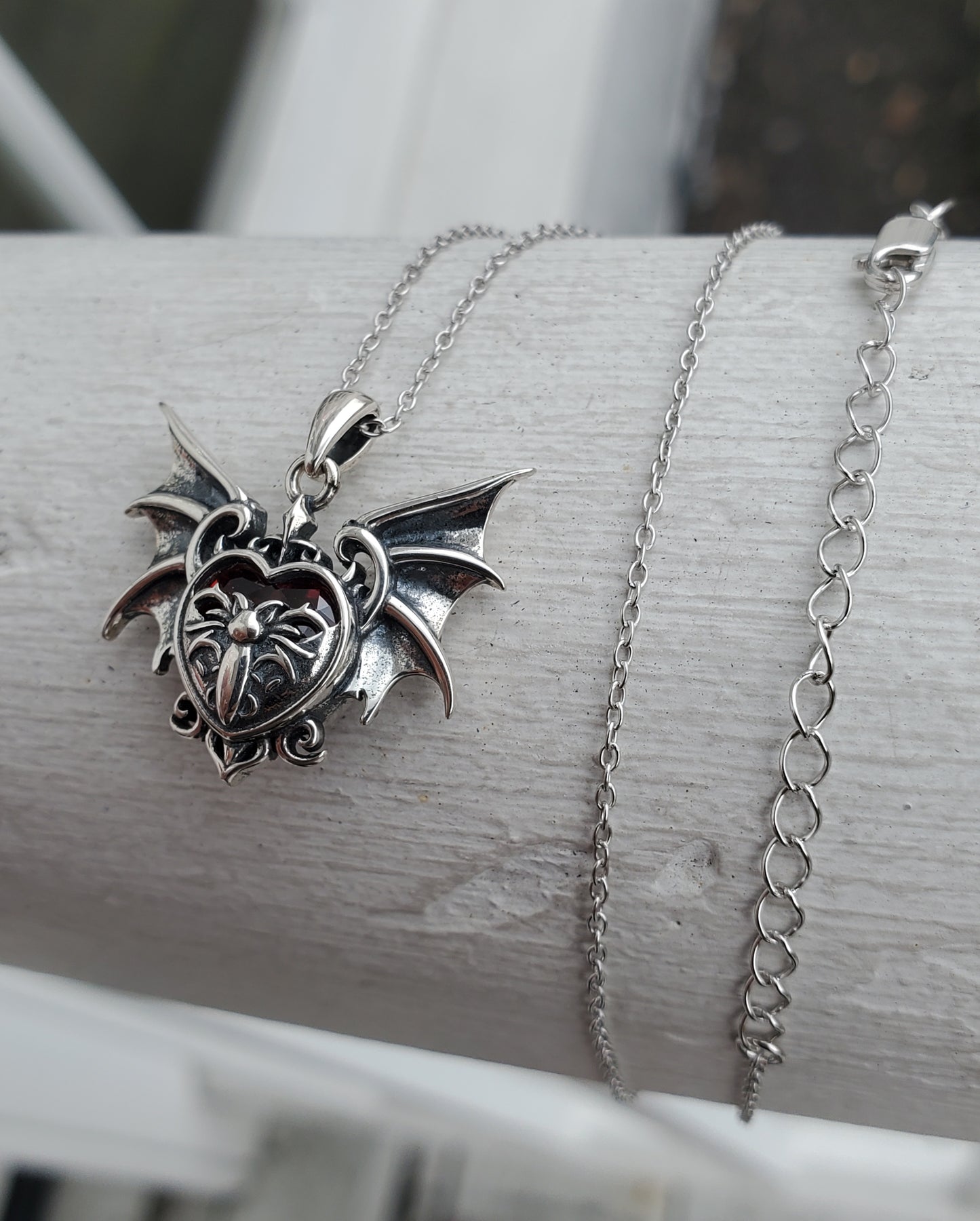 925 Sterling Silver Vampire Bat Red Heart Necklace
