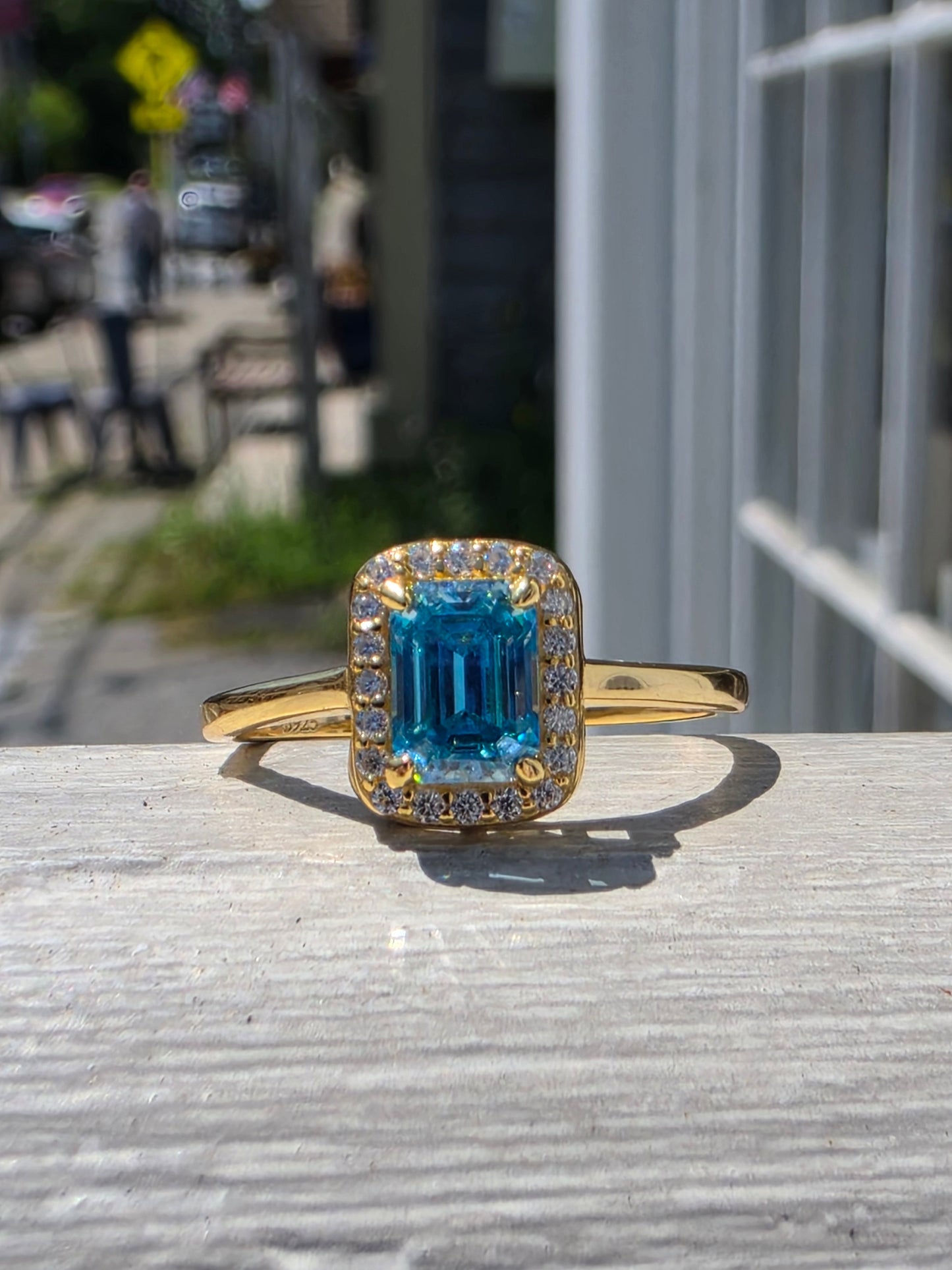 925 Sterling Silver 18k Vermeil Arctic Blue Emerald Cut Moissanite Ring w/Rlear Moissanite Halo