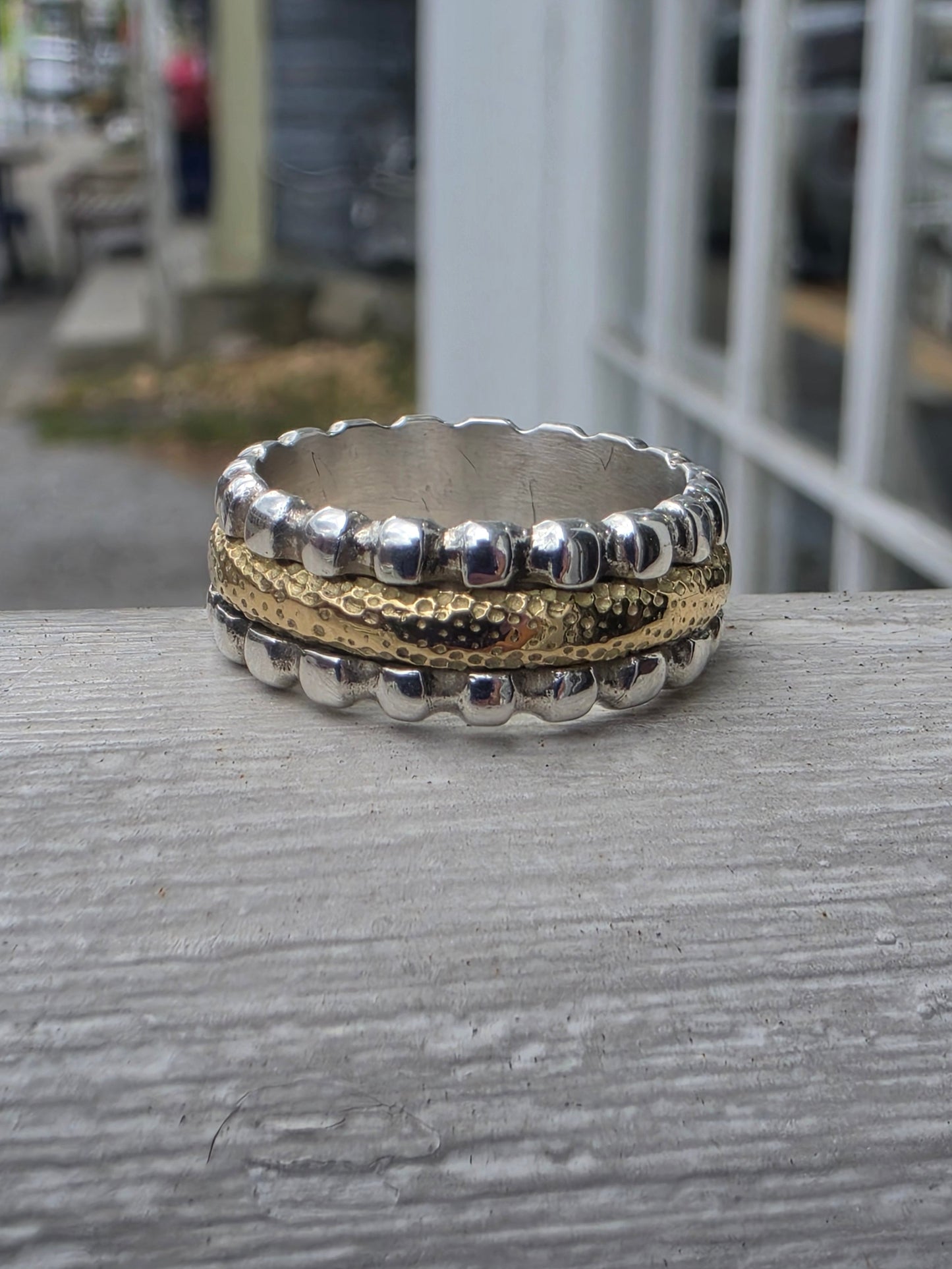 925 Sterling Silver & Solid 18k Gold Designer Jane J Bohan 7.5mm Band Ring
