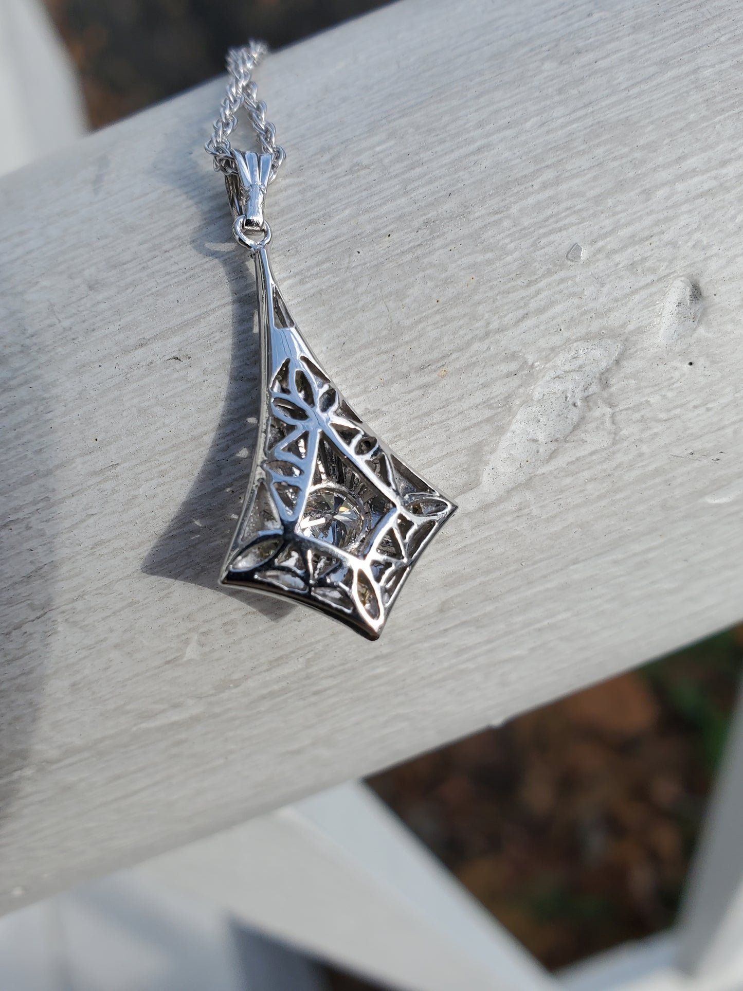 14k Solid White Gold Antique Vertical Diamond Art Deco Pendant Necklace