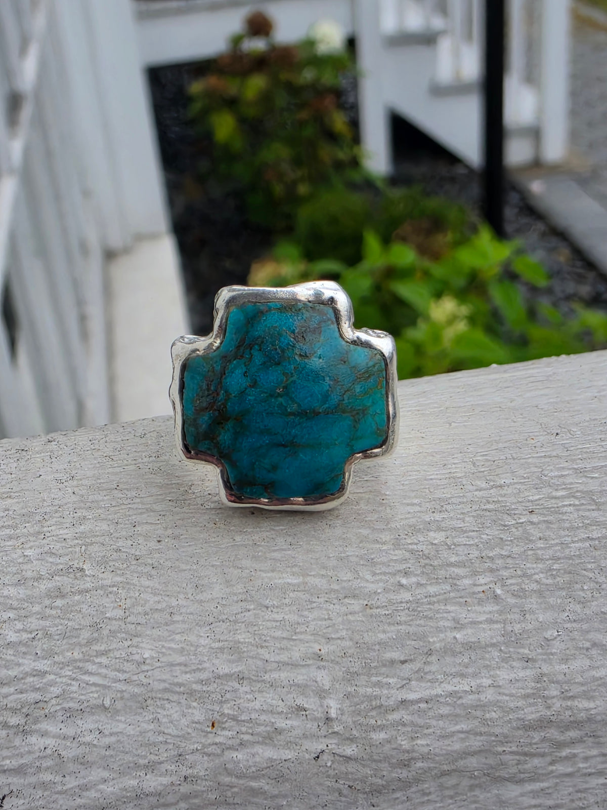 925 Sterling Silver Designer PAZ Natural Turquoise Cross Stone Ring
