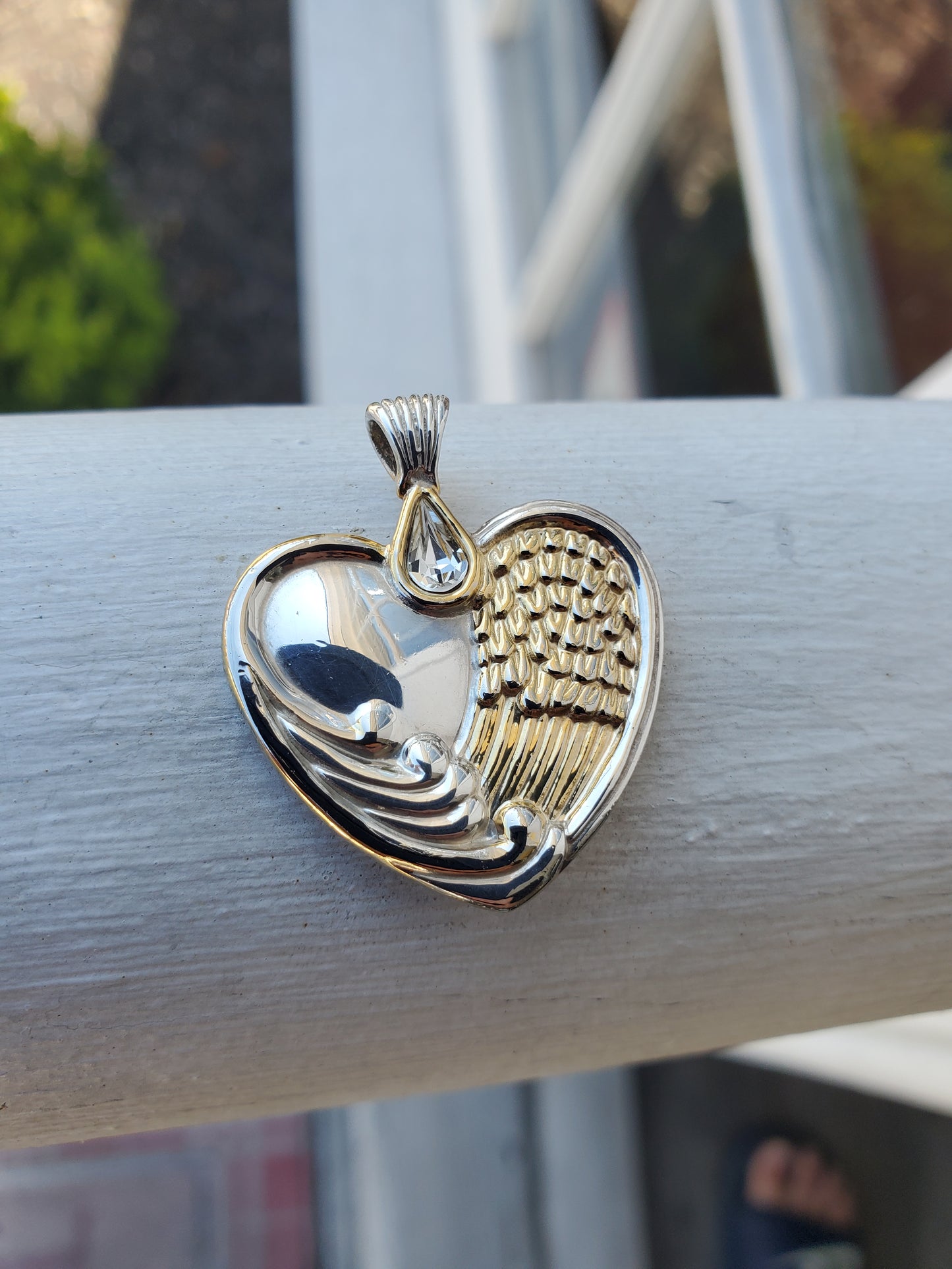 925 Sterling Silver & Vermeil Designer Bradford Exchange Angelic Angel Wing Crystal Heart Pendant