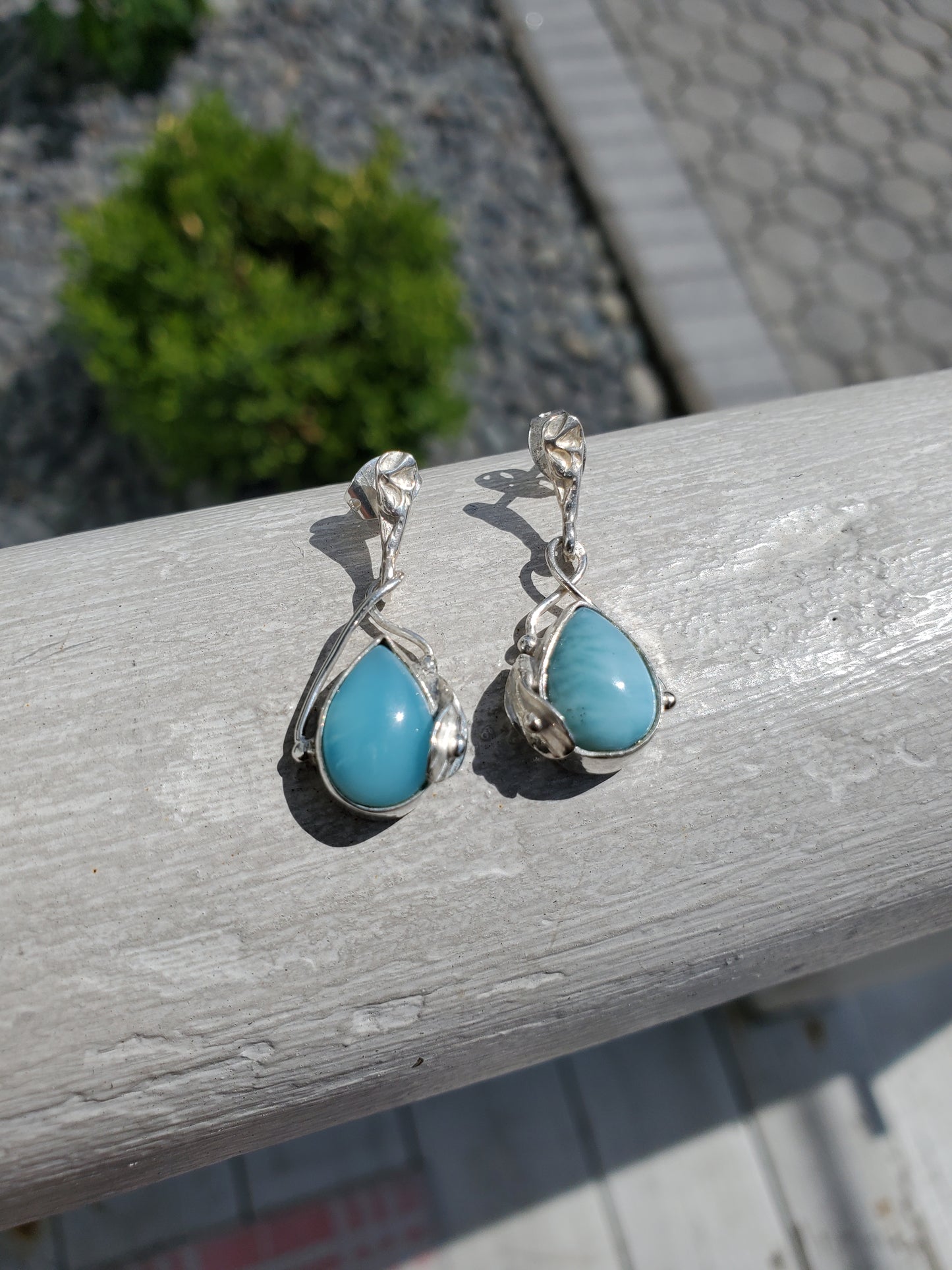 925 Sterling Silver Floral Larimar Dangling Earrings