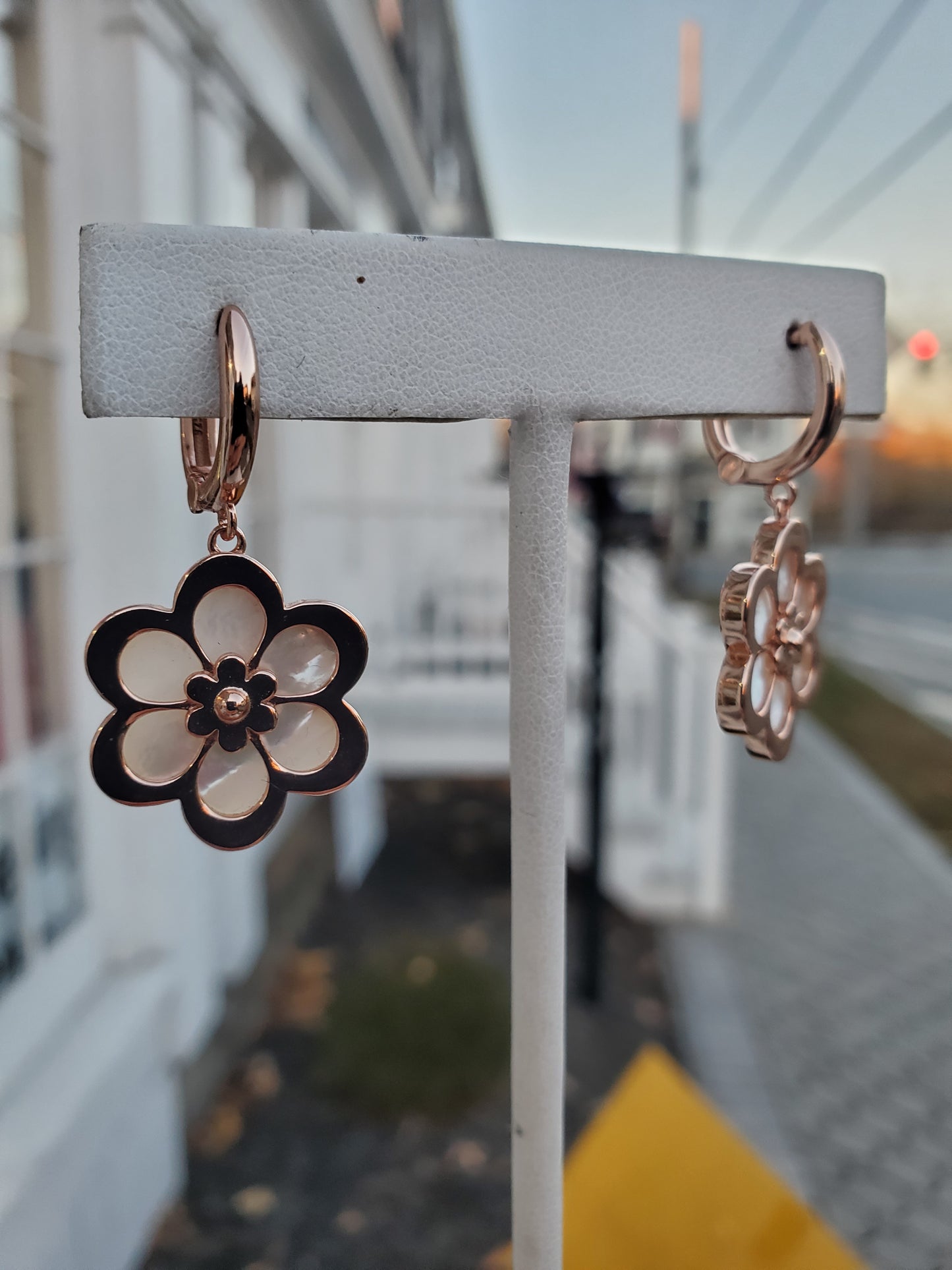 925 Sterling Silver Rose Vermeil Mother of Pearl Flower Leaverback Earrings