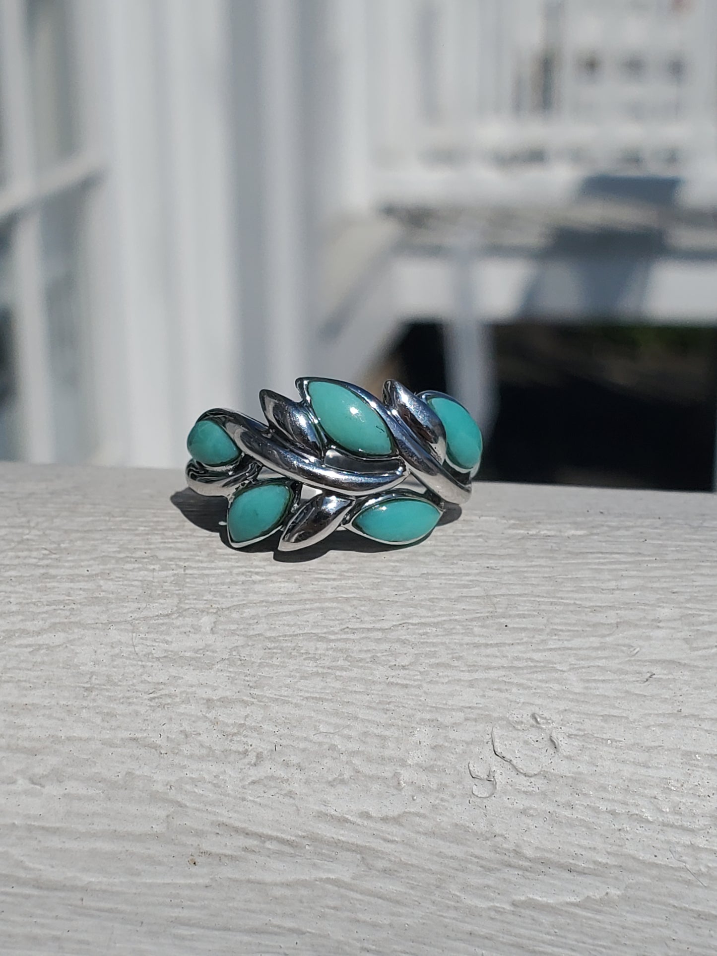 925 Sterling Silver Turquoise Leaf Band Ring