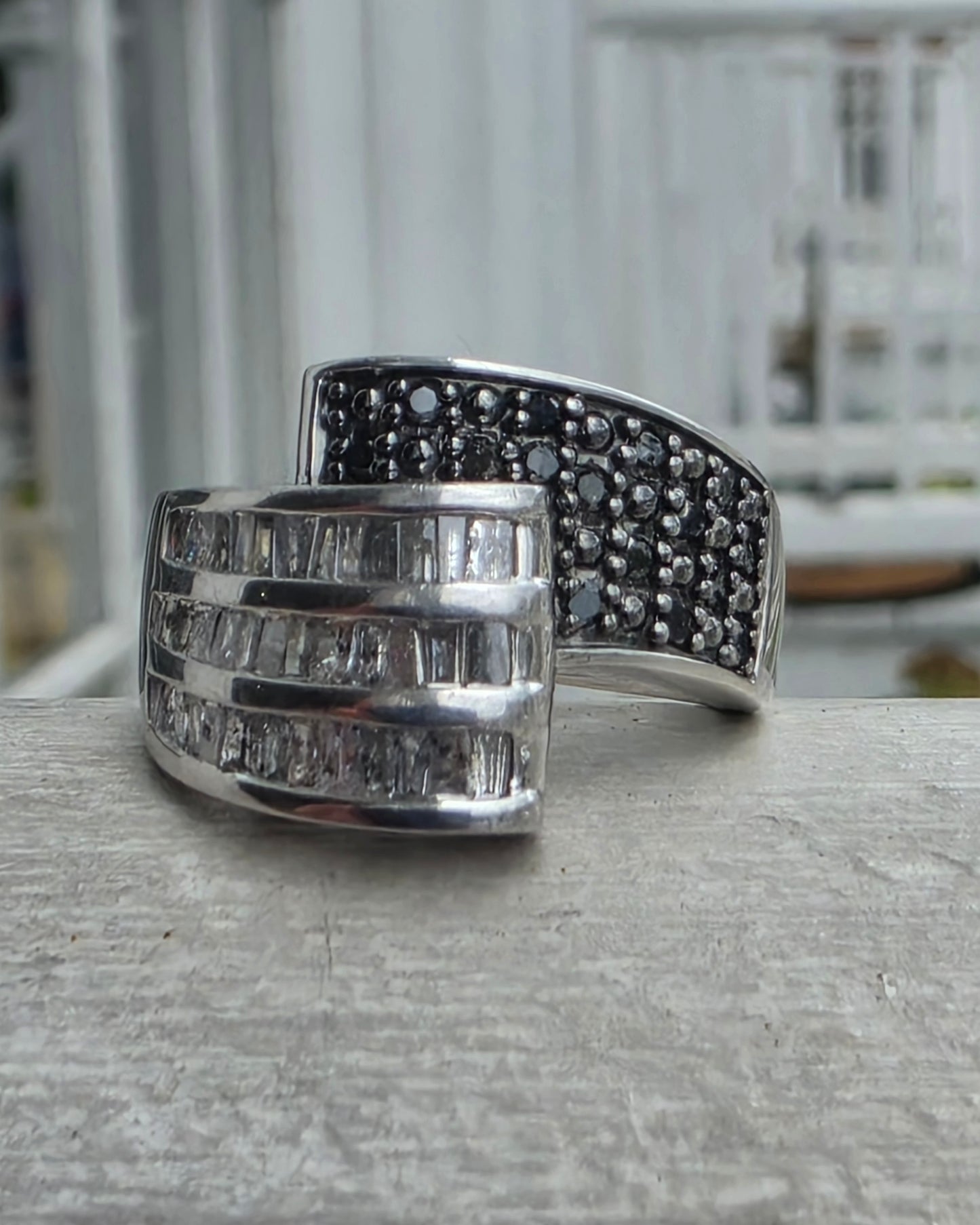 925 Sterling Silver 1.50tcw Natural White Baguette & Black Diamond OTC International Bypass Design Ring