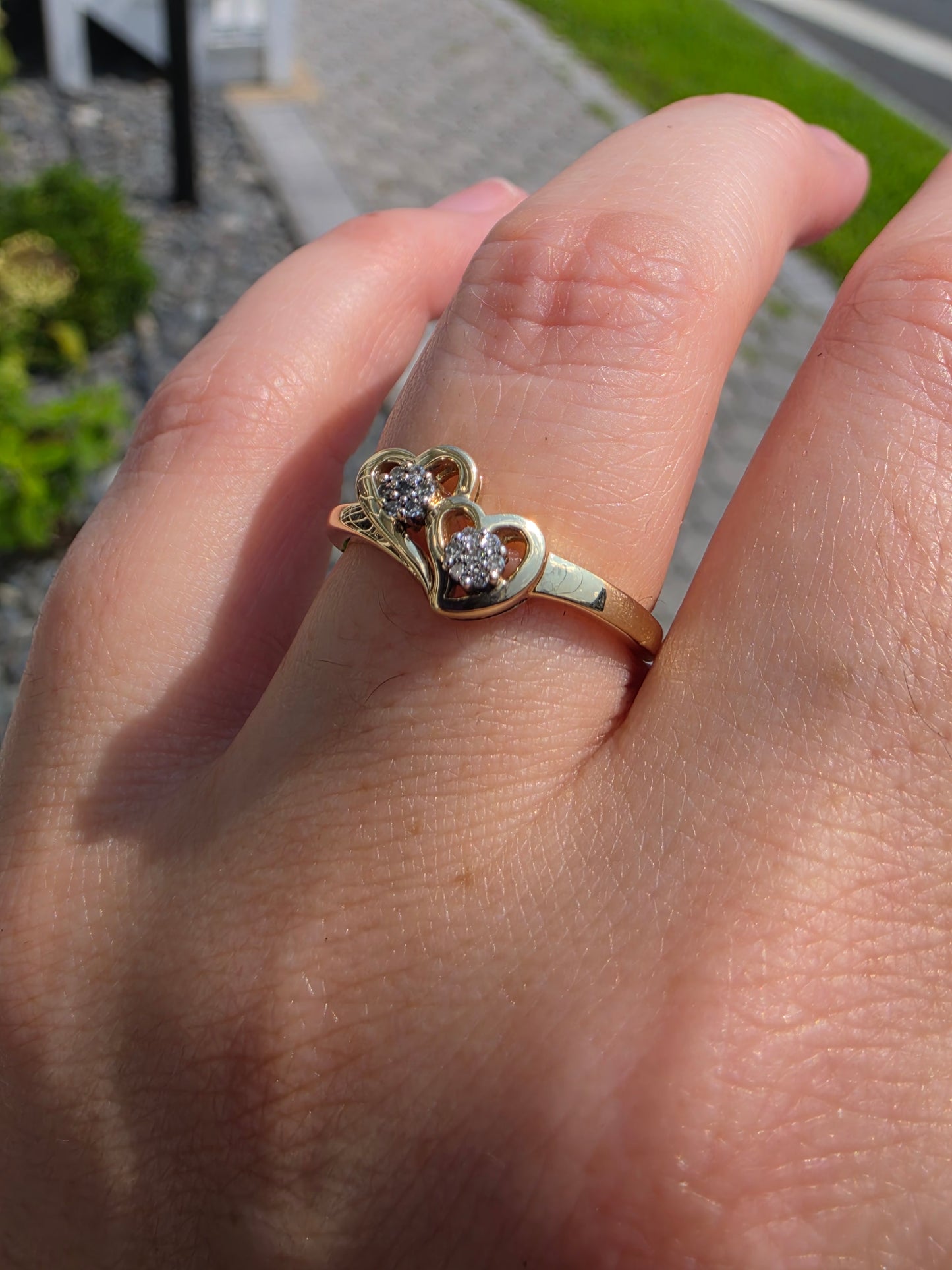 10k Solid Yellow Gold Natural Diamond Double Heart Ring