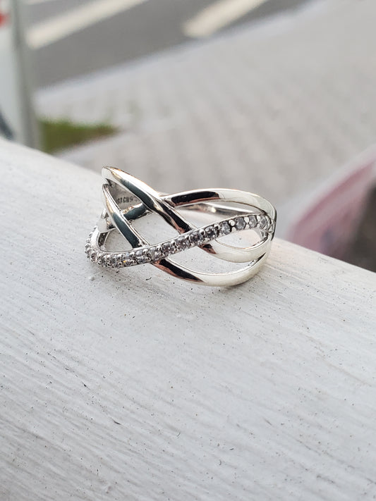 925 Sterling Silver Classic Cz Crossover Band Ring