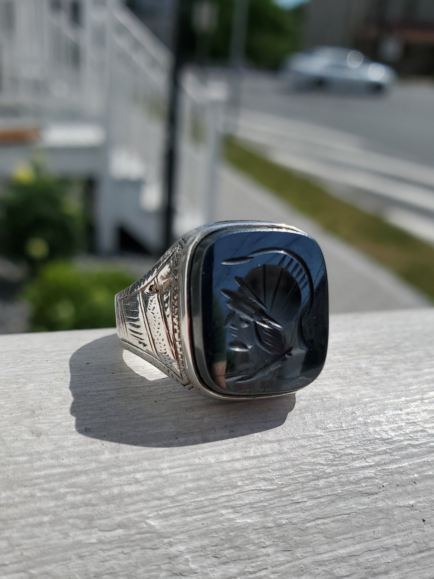 925 Sterling Silver Men's Hematite Intaglio Spartan Solider Signet Ring