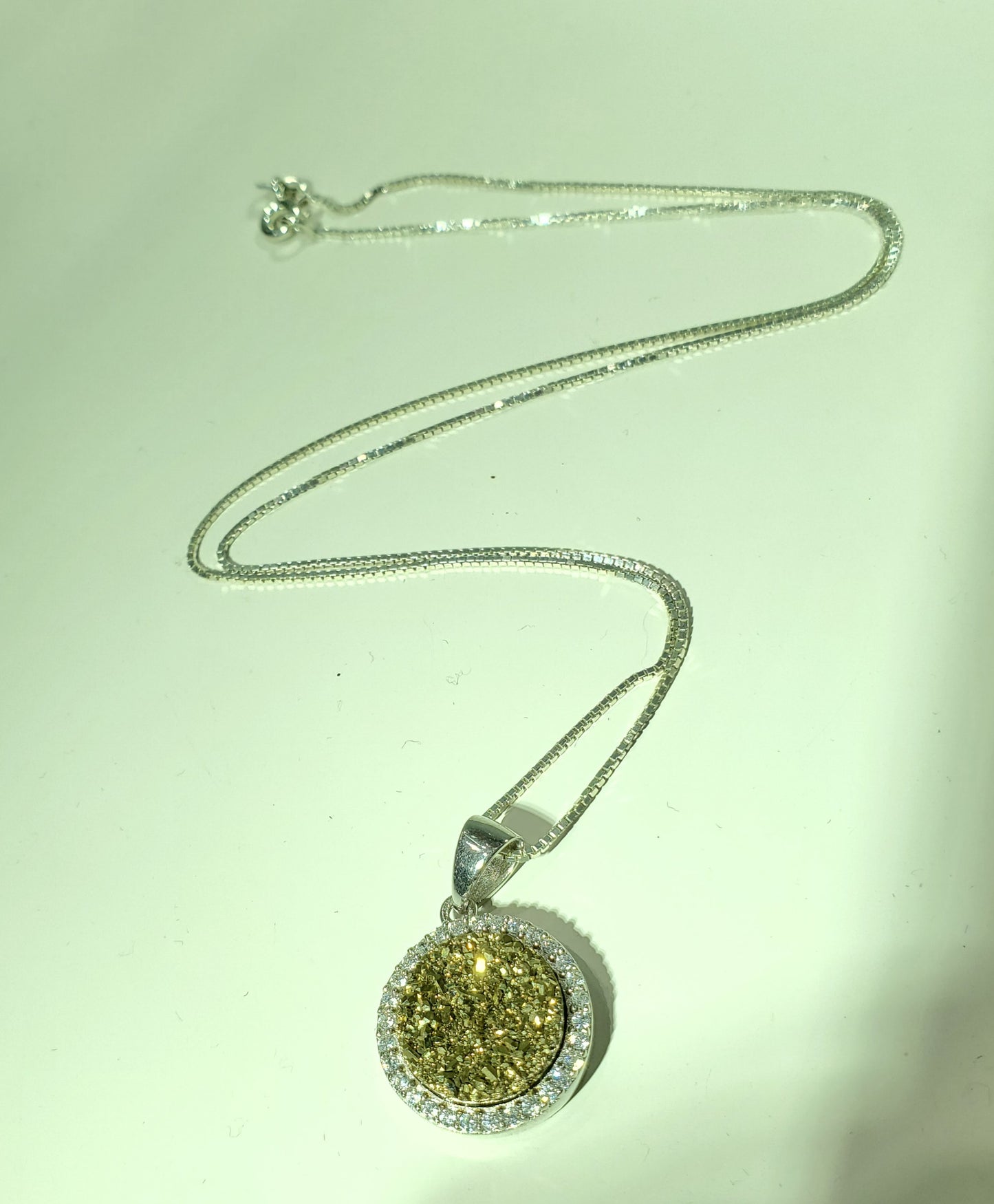 925 Sterling Silver Golden Druzy w/CZ Zirconia Halo Pendant Necklace