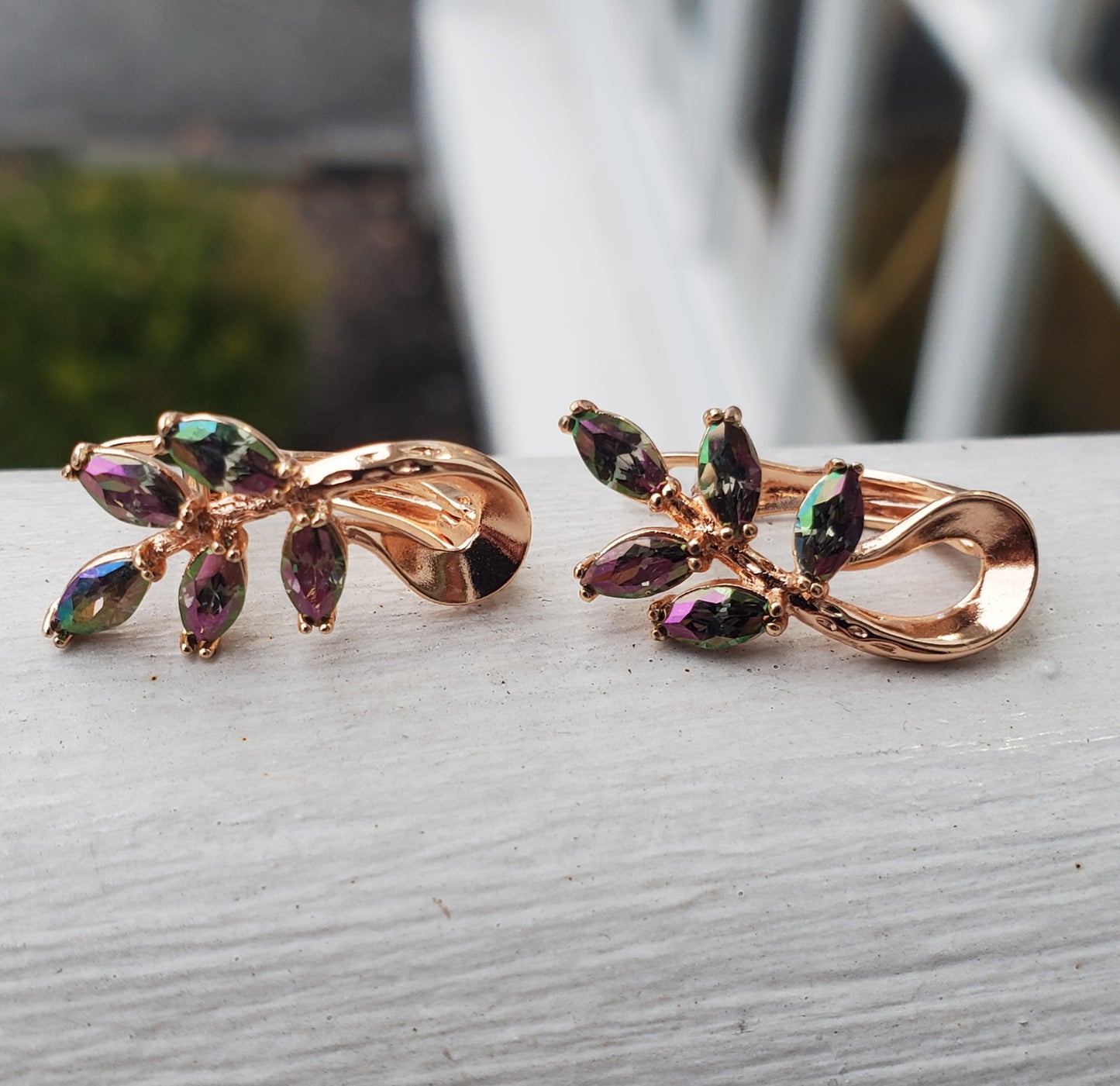 Stainless Steel Gold Plated Simulated Mystic Topaz Leaves Huggie Hoop Earrings