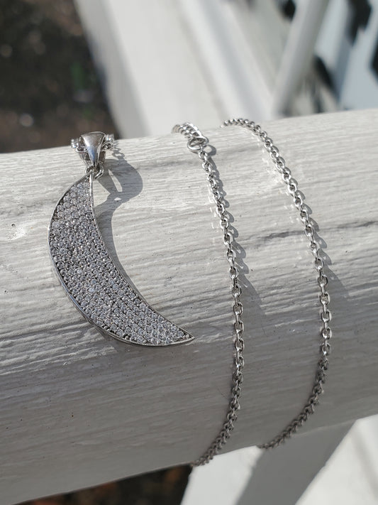 925 Sterling Silver Sparkling CZ Zirconia Crescent 🌙 Moon Pendant Necklace