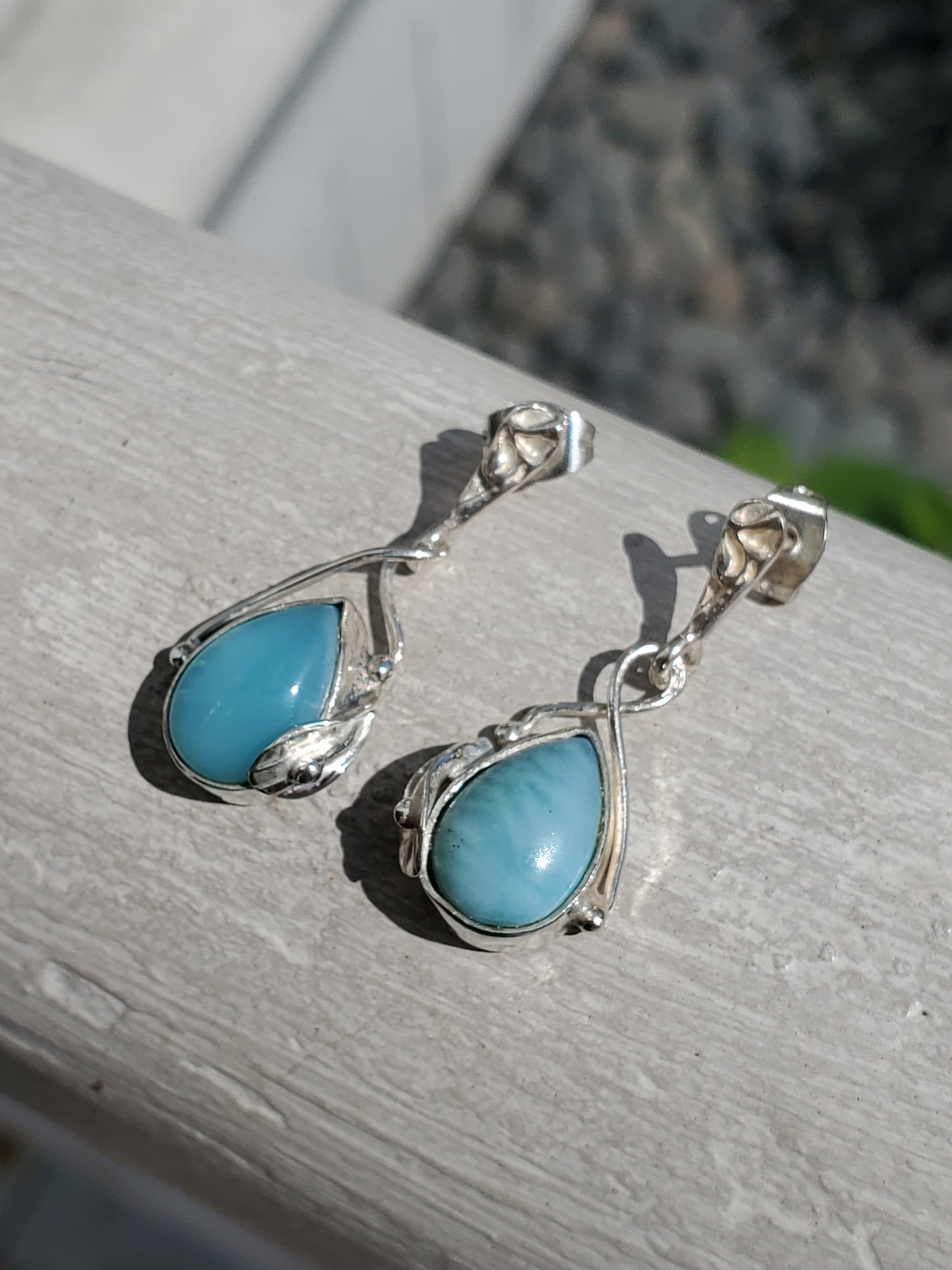 925 Sterling Silver Floral Larimar Dangling Earrings
