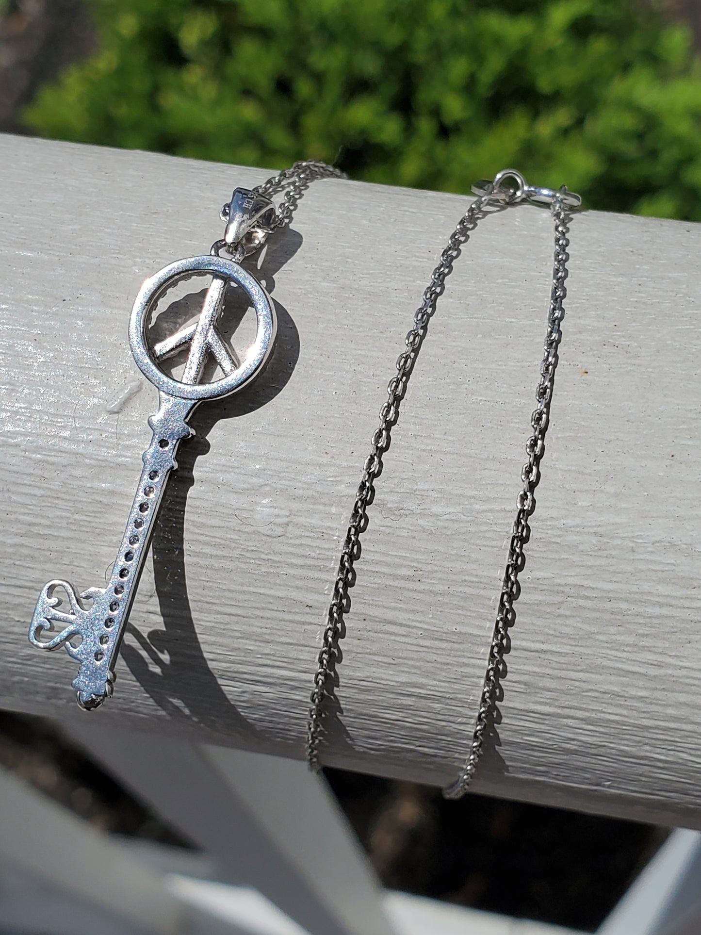 925 Sterling Silver Peace Sign Skeleton Key CZ Zirconia Pendant Necklace