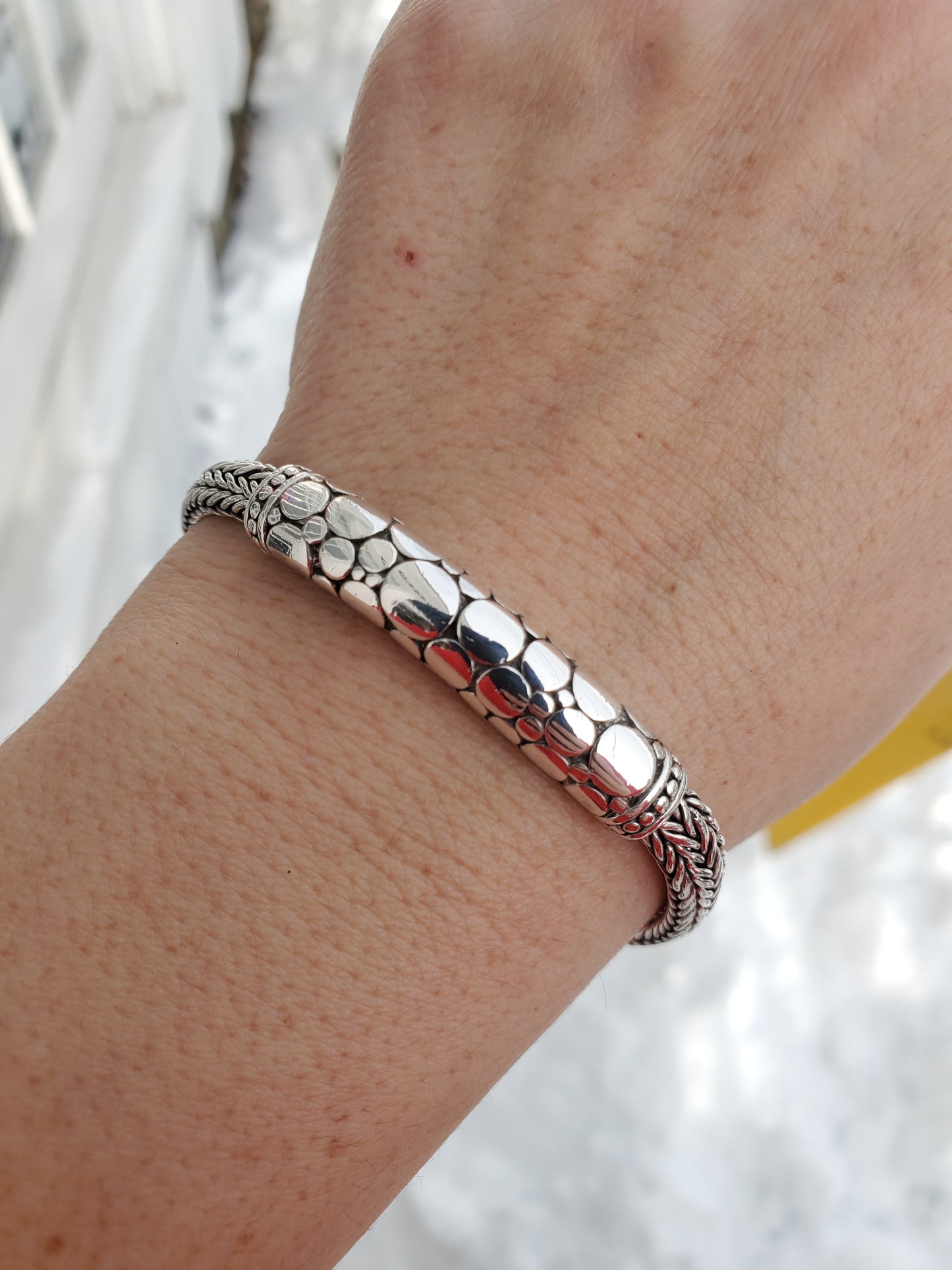 925 Sterling Silver Designer Sarda Kali Heavy Woven Textured Pebble Bar Bracelet