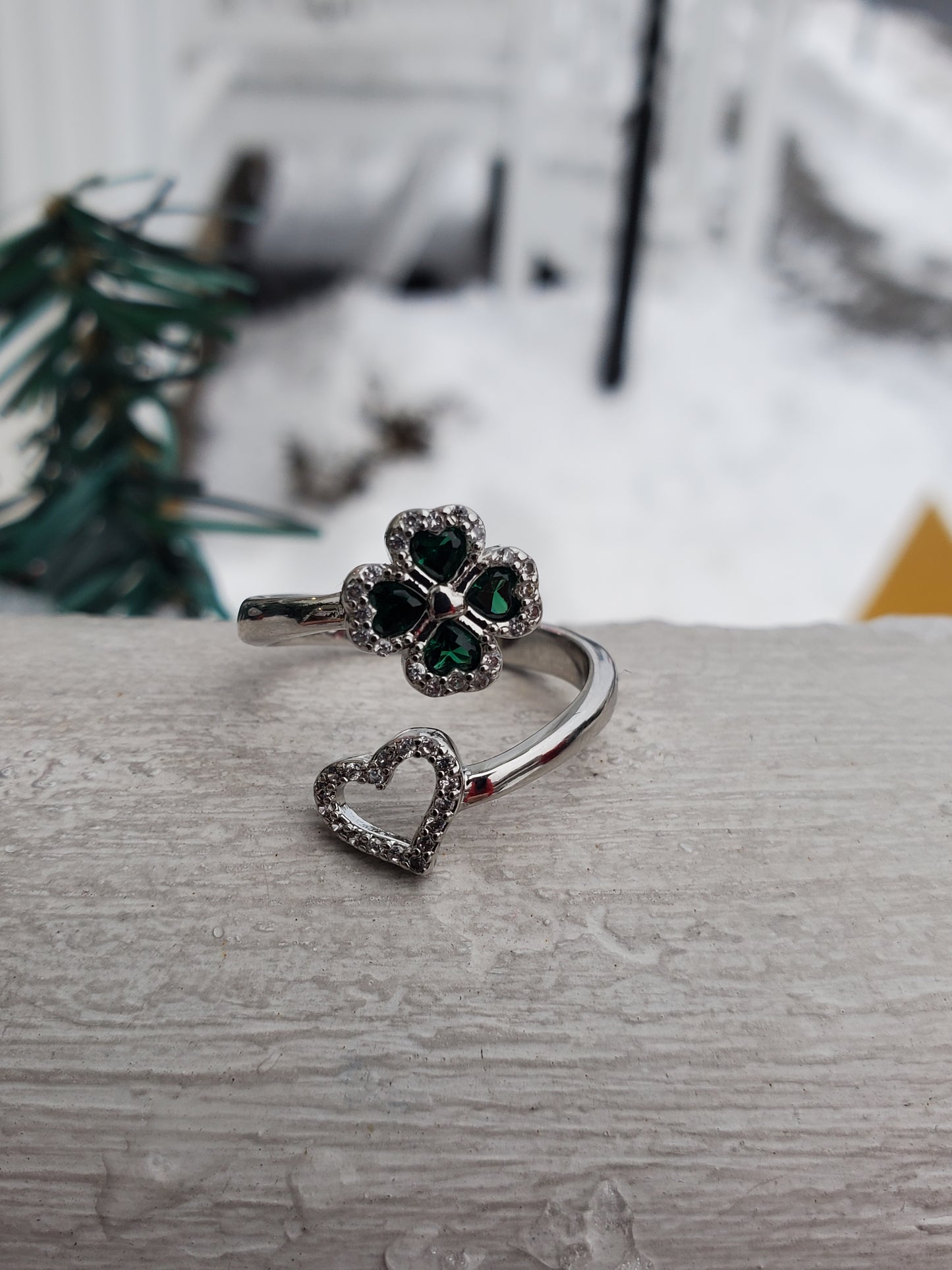 925 Sterling Silver "Lucky in Love" Shamrock Clover Bypass Heart Ring