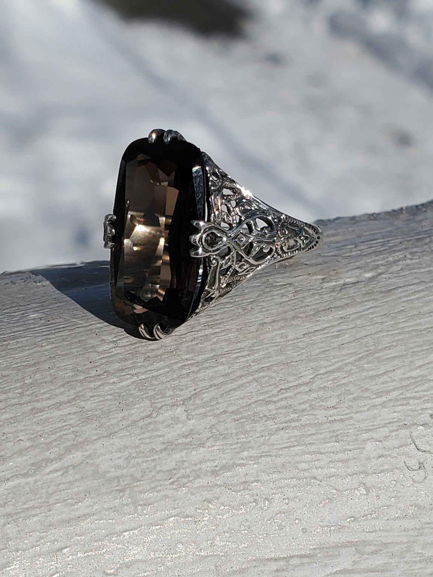 925 Sterling Silver 6 ct Emerald Cushion Cut Smokey Quartz Vintage Art Deco Ring