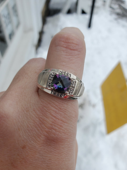925 Sterling Silver Men's 2ct Cushion Cut Mystic Topaz & Diamond Solitare Ring
