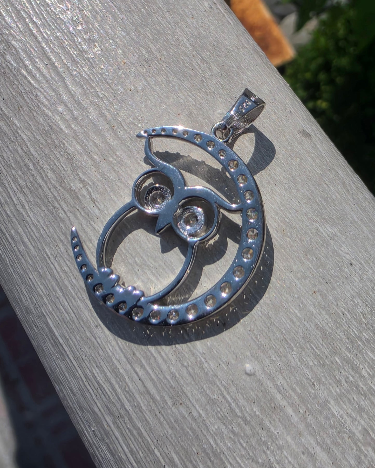925 Sterling Silver Crescent Moon Owl White Spinel Pendant
