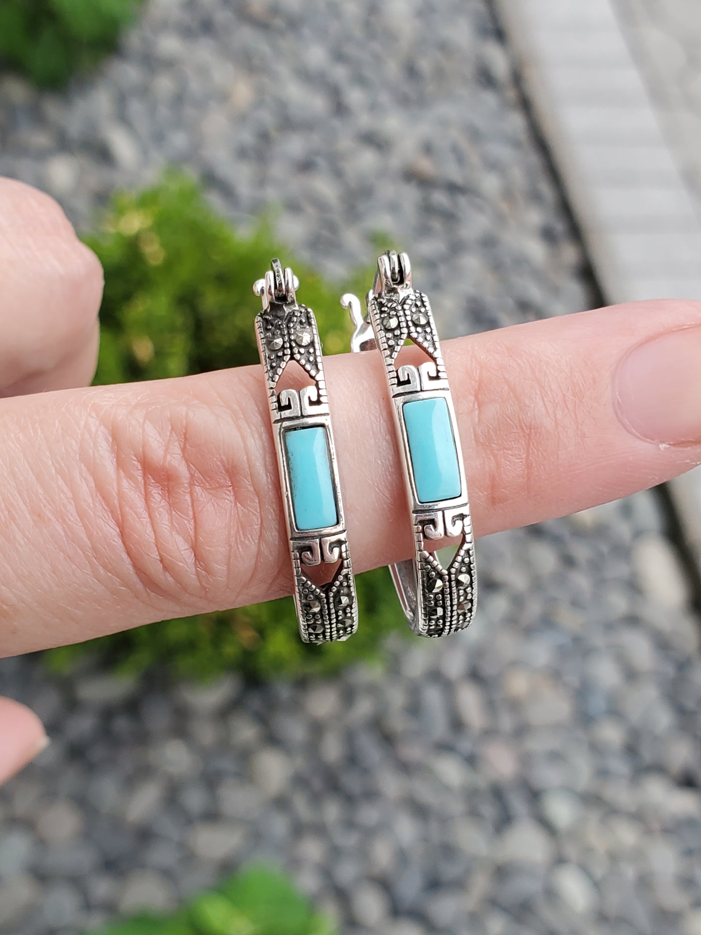 925 Sterling Silver Designer SLC Turquoise & Marcasite Oval Oblong Hoop Earrings