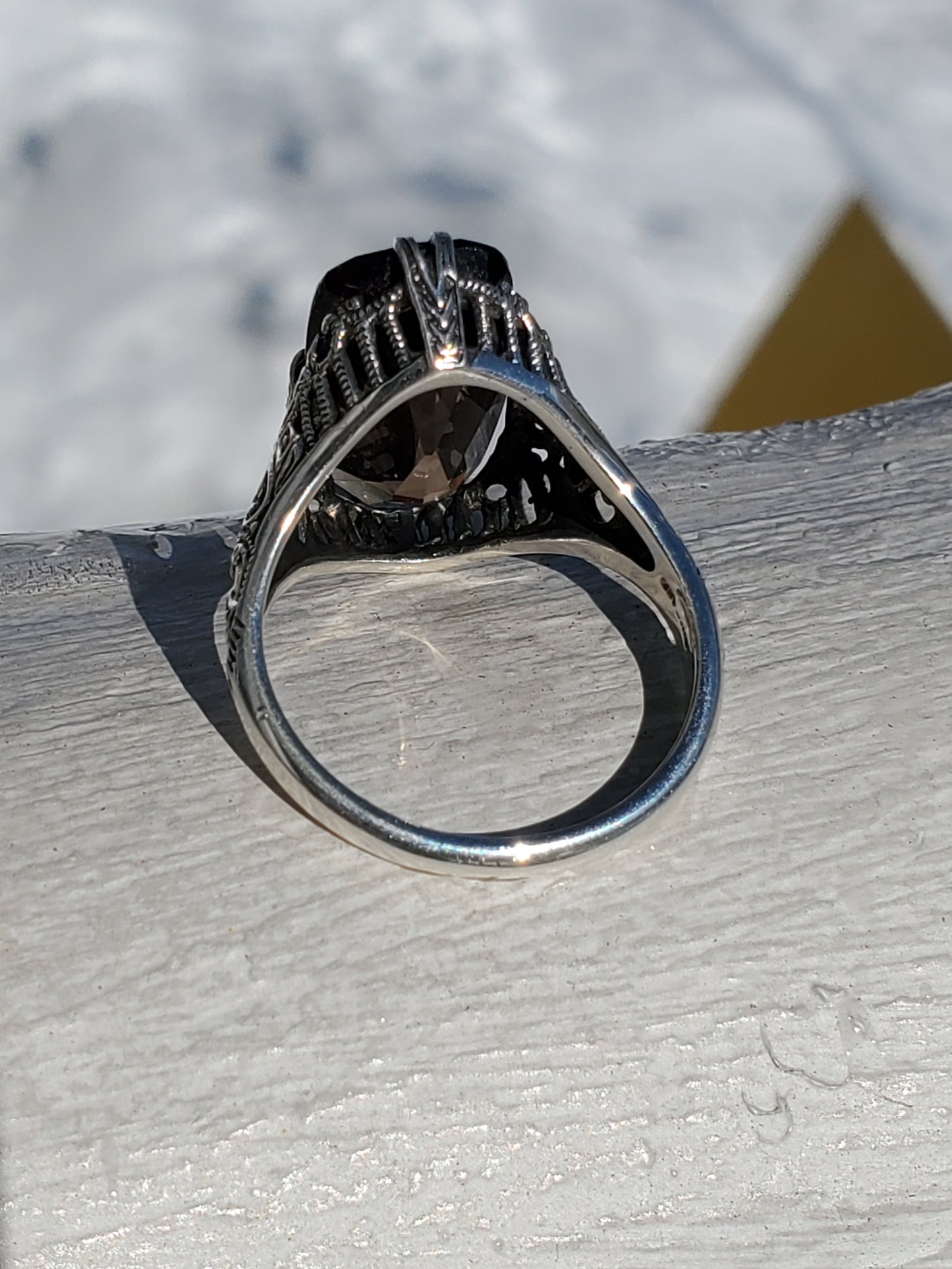 925 Sterling Silver 6 ct Emerald Cushion Cut Smokey Quartz Vintage Art Deco Ring