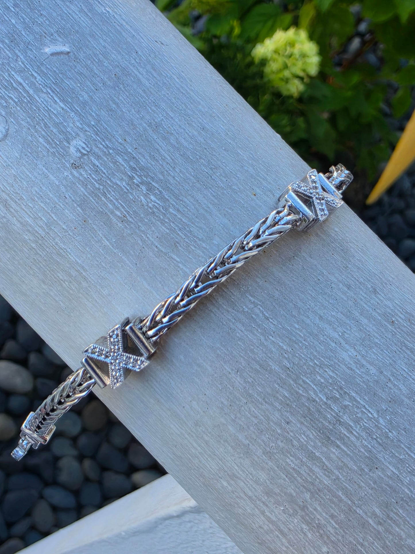 925 Sterling Silver Hugs & Kisses Natural Diamond Franco Link Bracelet