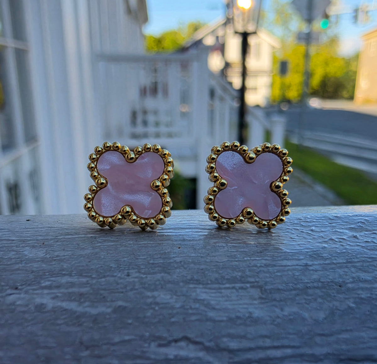 Stainless Steel Vermeil Pink Clover Van Cleef Style Post Stud Earrings