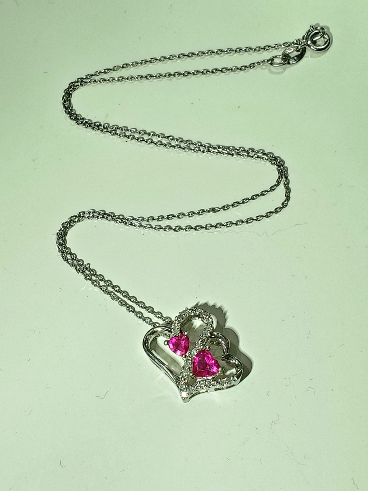 925 Sterling Silver Simulated Ruby & Natural Diamond Double Heart Necklace