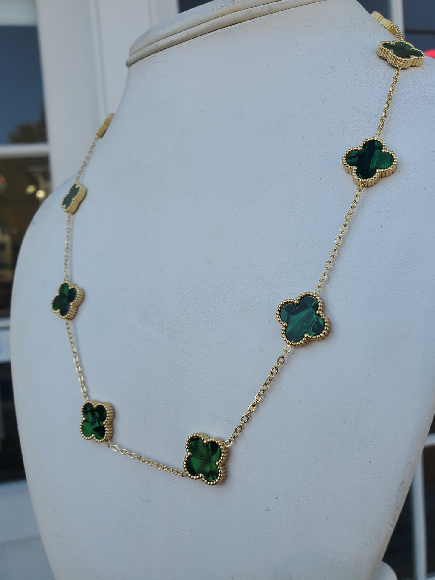 Stainless Steel Gold Color Green Clover Station Van Cleef Style Necklace 18”-20”