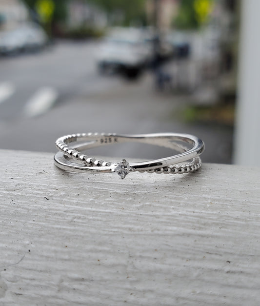 925 Sterling Silver Criss-cross Beaded CZ Zirconia Wrap Ring