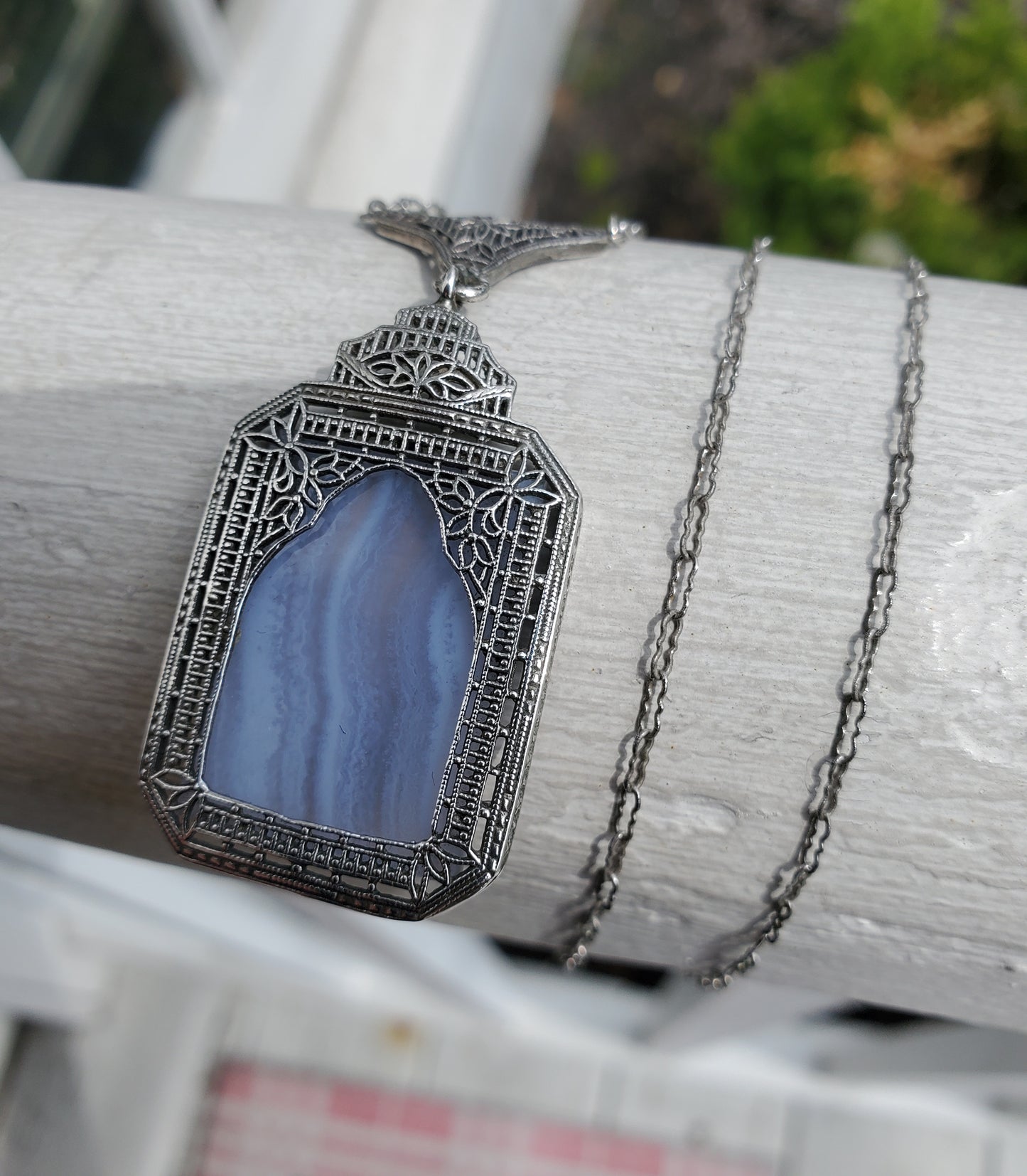 925 Sterling Silver Antique Ladies Blue Lace Agate Art Deco Filagre Necklace