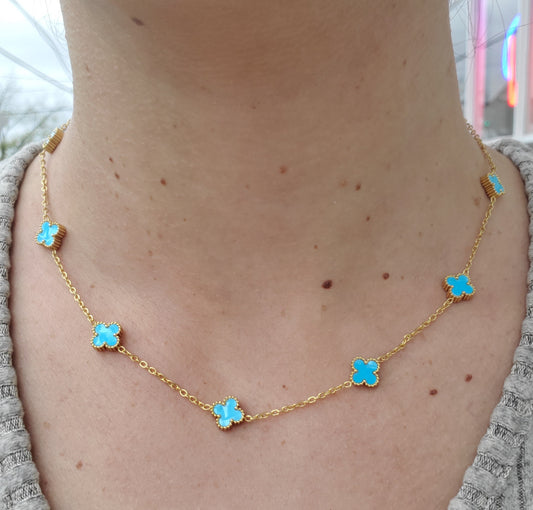 Stainless Steel Vermeil Ladies Sky-blue Quatrefoil Clover Enamel Station Necklace